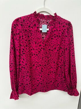 Source Unknown Hot Pink Floral V-Neck Ruffle Blouse